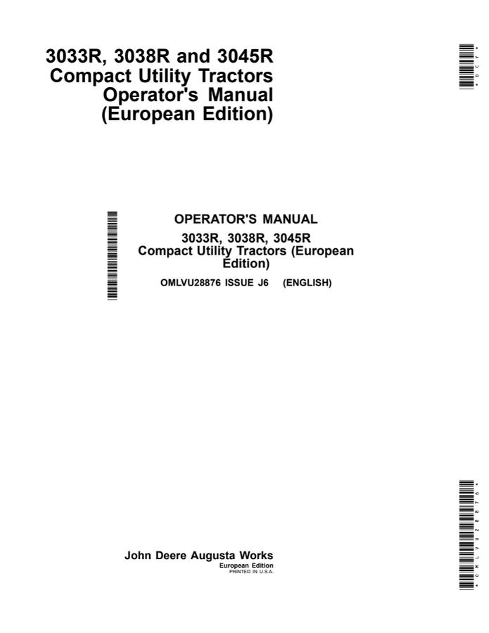 John Deere 3033R, 3038R, 3045R Compact Utility Tractor Operator manual OMLVU28876 — actual manual cover