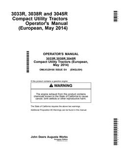 John Deere 3033R, 3038R, 3045R Compact Utility Tractor Operator manual OMLVU29100 — actual manual cover