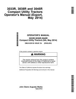John Deere 3033R, 3038R, 3045R Compact Utility Tractor Operator manual OMLVU29130 — actual manual cover