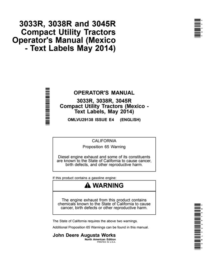 John Deere 3033R, 3038R, 3045R Compact Utility Tractor Operator manual OMLVU29138 — actual manual cover