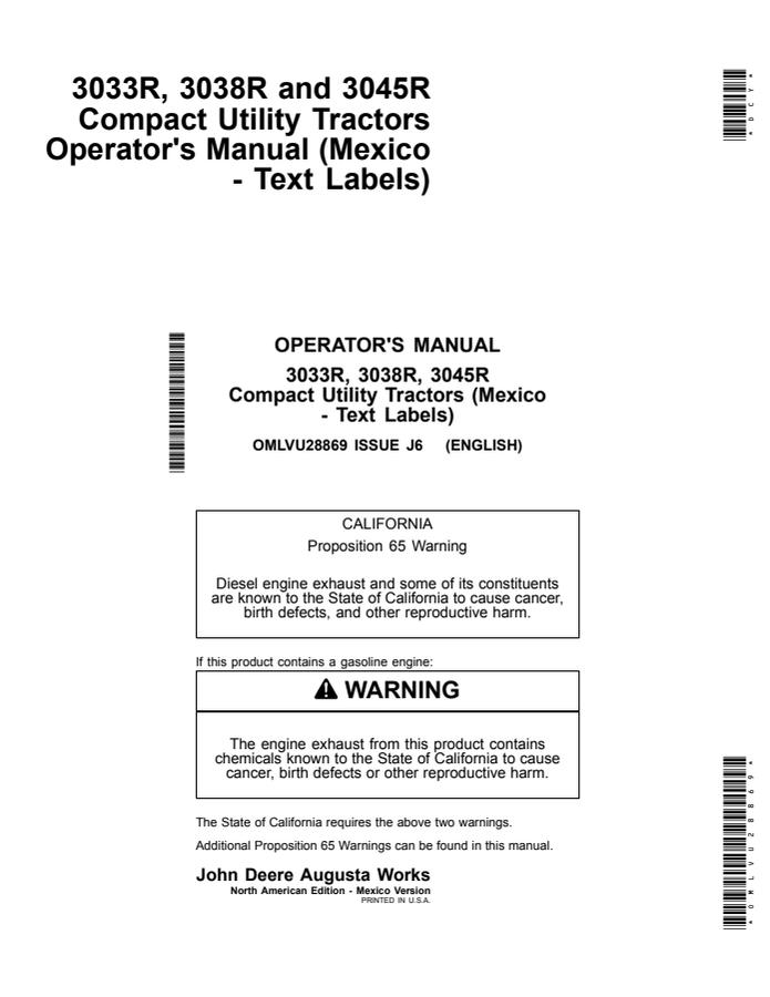 John Deere 3033R, 3038R, 3045R (Mexico text labels) Compact utility tractor Operator's manual OMLVU28869 — actual manual cover