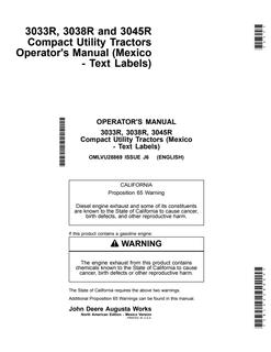 John Deere 3033R, 3038R, 3045R (Mexico text labels) Compact utility tractor Operator's manual OMLVU28869 — actual manual cover