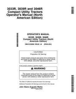 John Deere 3033R, 3039R, 3046R Compact Utility Tractor Operator manual OMLVU28866 — actual manual cover