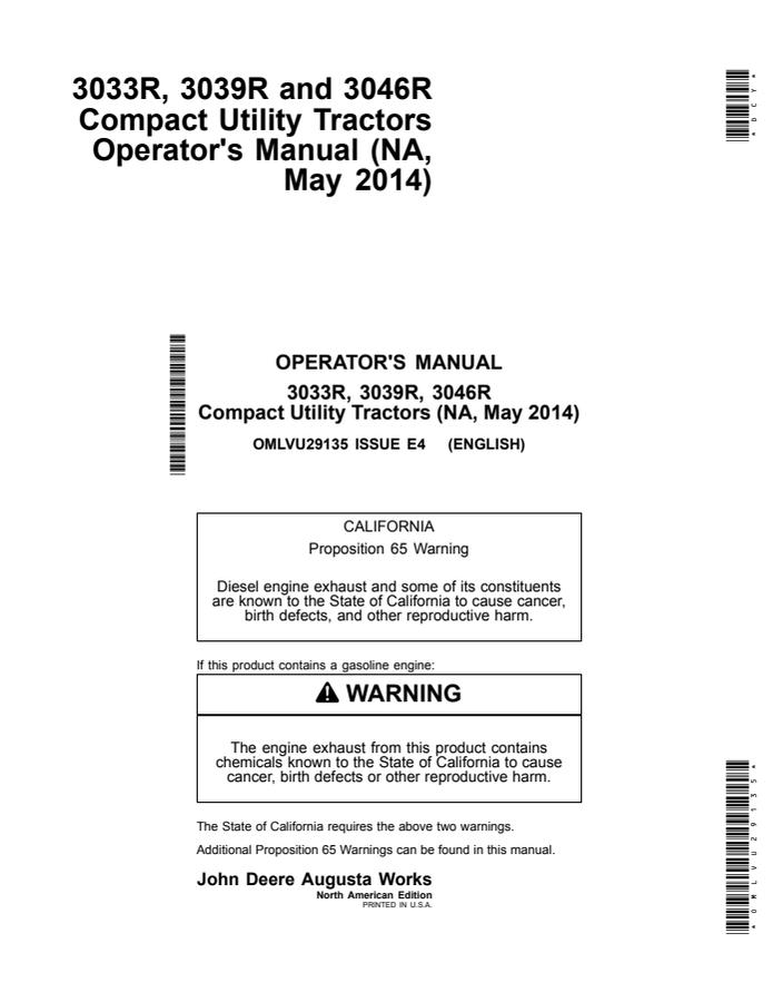 John Deere 3033R, 3039R, 3046R Compact Utility Tractor Operator manual OMLVU29135 — actual manual cover