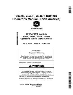 John Deere 3033R, 3039R, 3046R Tractor Operator manual OMTR112398 — actual manual cover