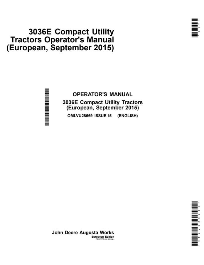 John Deere 3036E Compact Utility Tractor Operator manual OMLVU28669 — actual manual cover