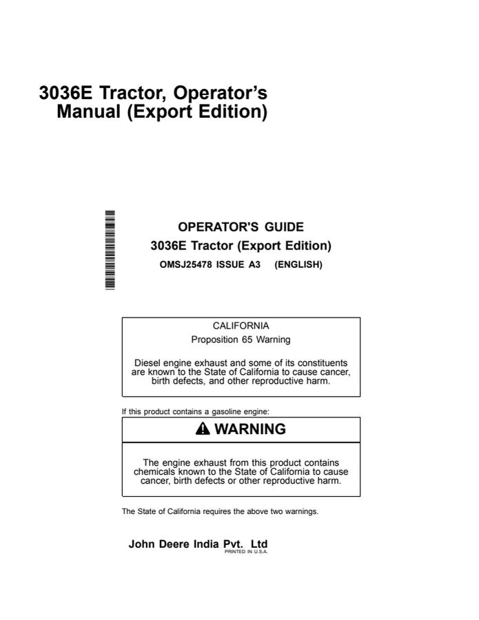 John Deere 3036E Tractor Operator manual OMSJ25478 — actual manual cover
