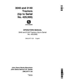 John Deere 3040, 3140 Tractor Operator manual OML34771 — actual manual cover