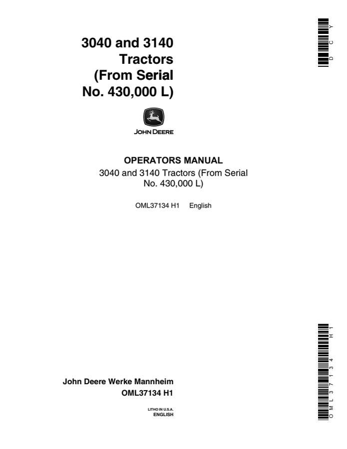 John Deere 3040, 3140 Tractor Operator manual OML37134 — actual manual cover