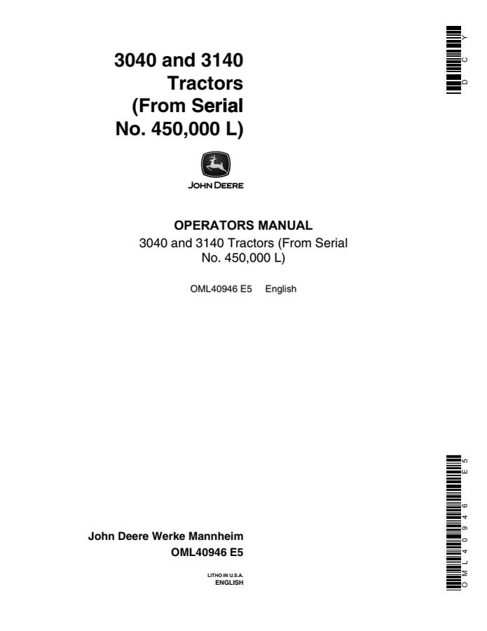 John Deere 3040, 3140 Tractor Operator's manual OML40946 — actual manual cover