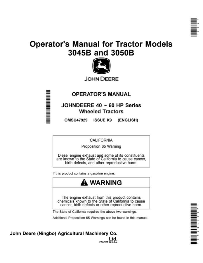 John Deere 3045B, 3050B Wheeled Tractor Operator manual OMSU47929 — actual manual cover