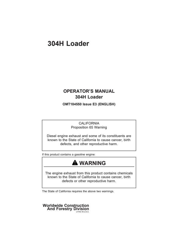 John Deere 304H Loader Operator manual OMT184550 — actual manual cover