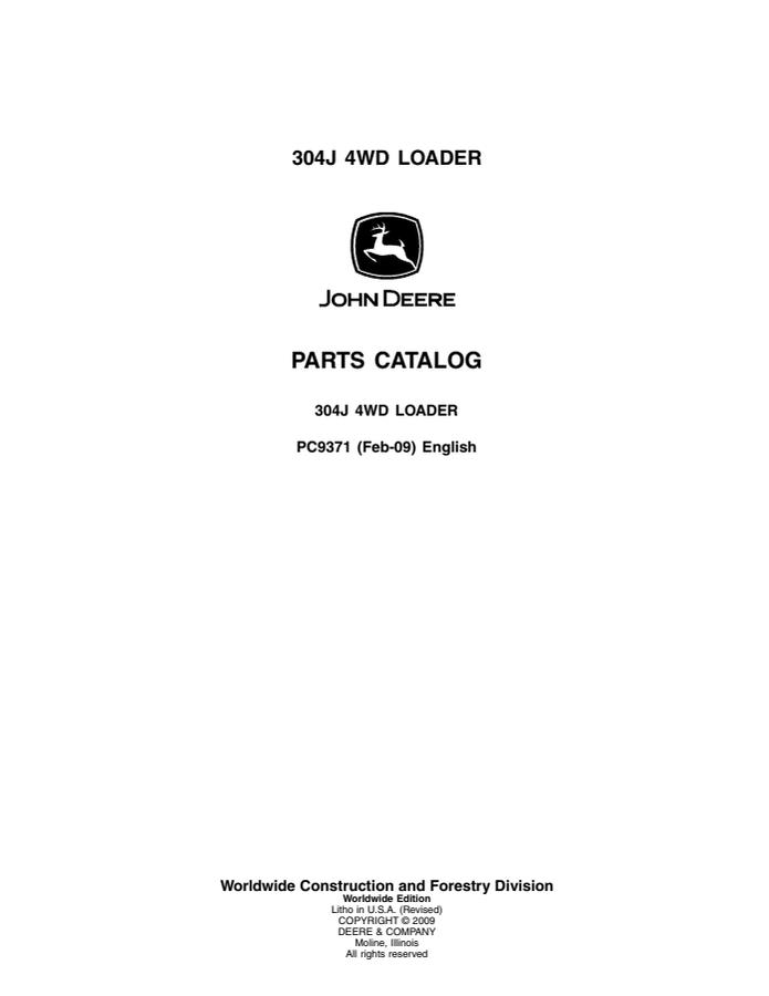 John Deere 304J 4WD Loader Loader Parts catalog PC9371 — actual manual cover