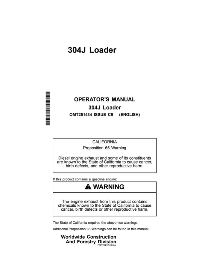 John Deere 304J Loader Operator manual OMT251434 — actual manual cover