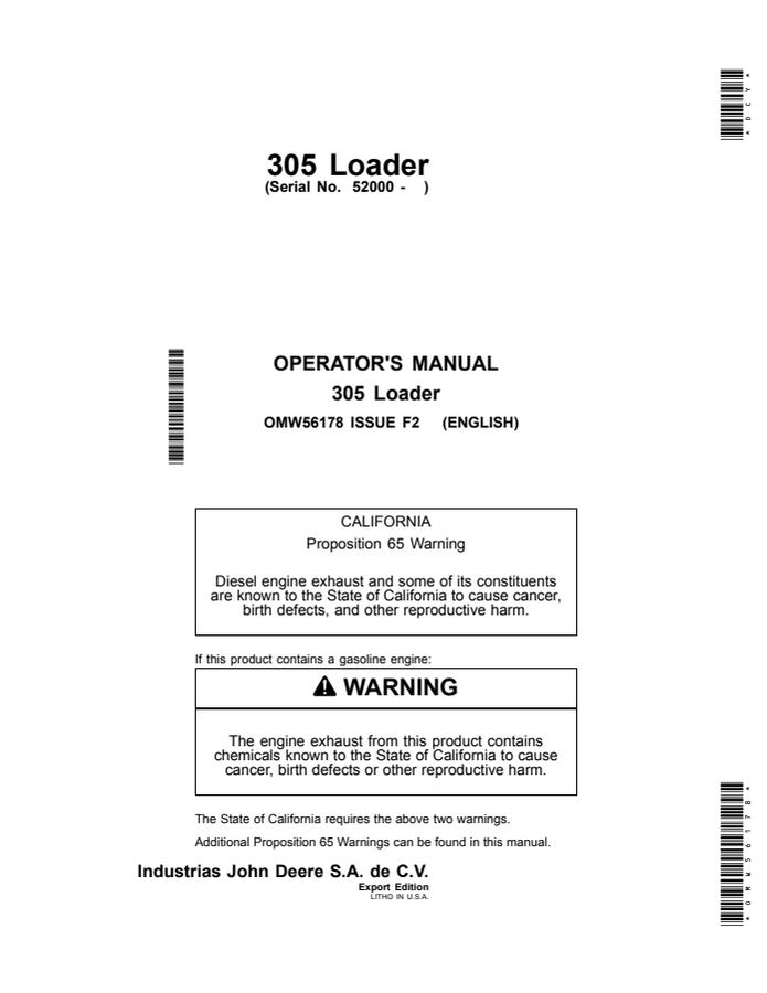 John Deere 305 Loader Operator manual OMW56178 — actual manual cover