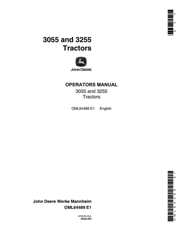 John Deere 3055, 3255 Tractor Operator manual OML64489 — actual manual cover