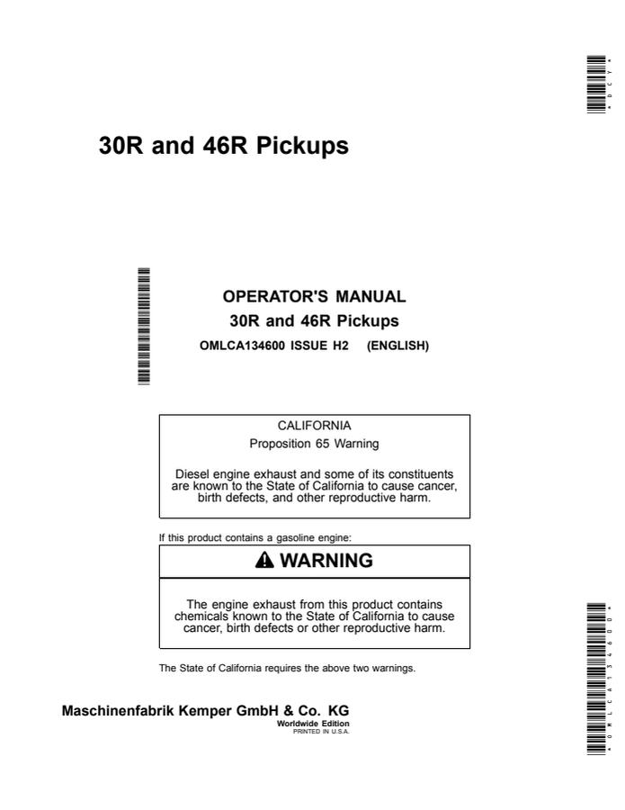John Deere 30R, 46R Pickup Operator manual OMLCA134600 — actual manual cover
