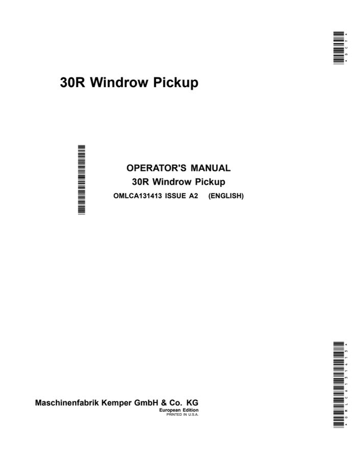 John Deere 30R Windrow Pickup Operator manual OMLCA131413 — actual manual cover