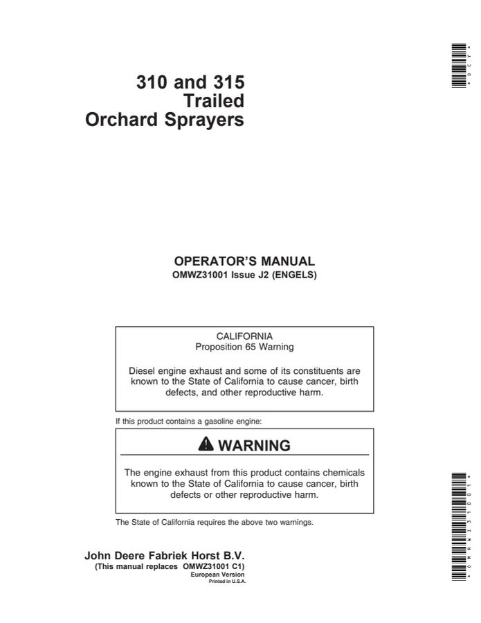 John Deere 310, 315 Trailed Orchard Sprayer Operator manual OMWZ31001 — actual manual cover