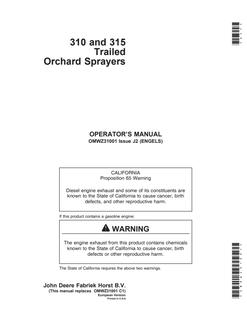 John Deere 310, 315 Trailed Orchard Sprayer Operator manual OMWZ31001 — actual manual cover
