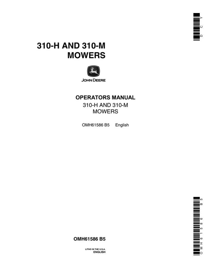 John Deere 310-H, 310-M Mower Operator manual OMH61586 — actual manual cover