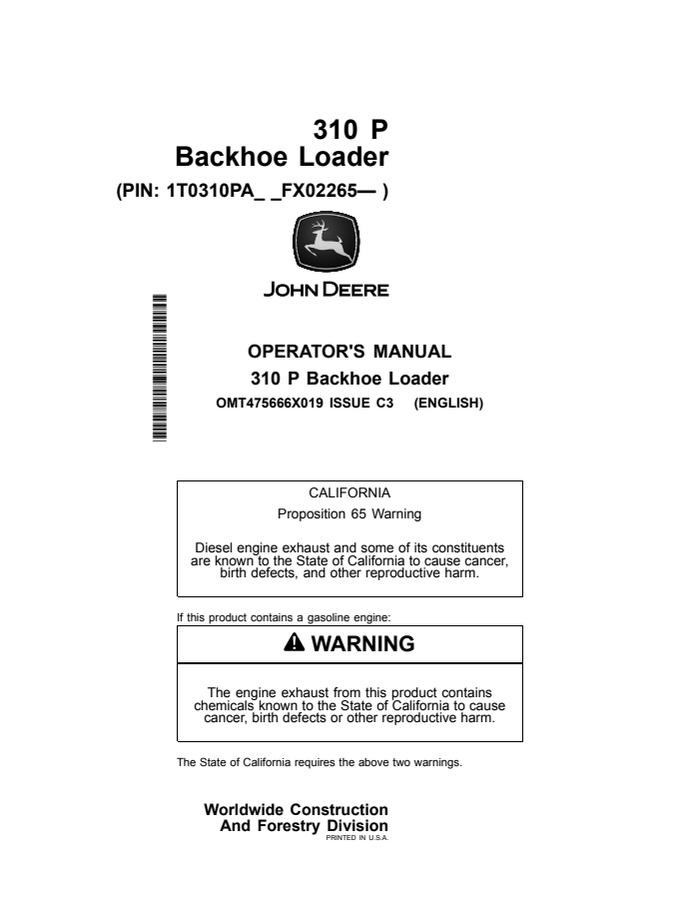 John Deere 310 P Backhoe Loader Operator manual OMT475666X01 — actual manual cover