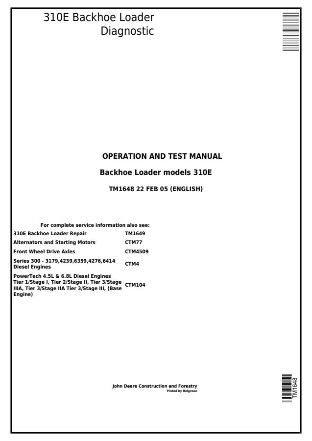 John Deere 310E Backhoe loader Diagnostic operation and test manual TM1648 — actual manual cover