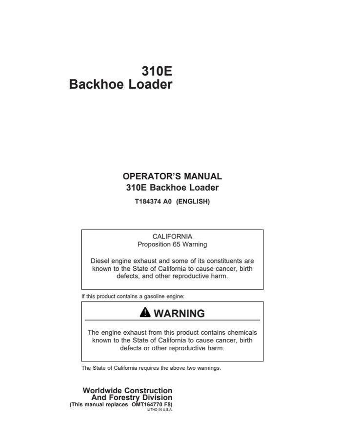 John Deere 310E Backhoe loader Operator's manual T184374 — actual manual cover