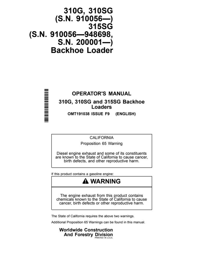 John Deere 310G, 310SG, 315SG Backhoe Loader Operator manual OMT191038 — actual manual cover