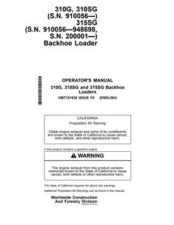 John Deere 310G, 310SG, 315SG Backhoe Loader Operator manual OMT191038 — actual manual cover
