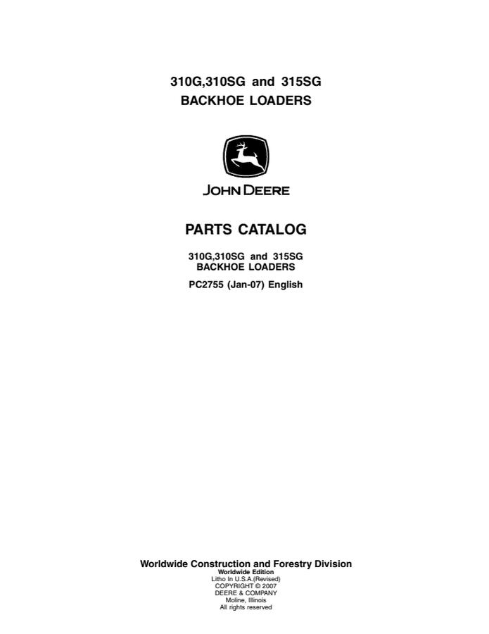John Deere 310G, 310SG and 315SG Backhoe Loaders Parts Catalog — actual manual cover