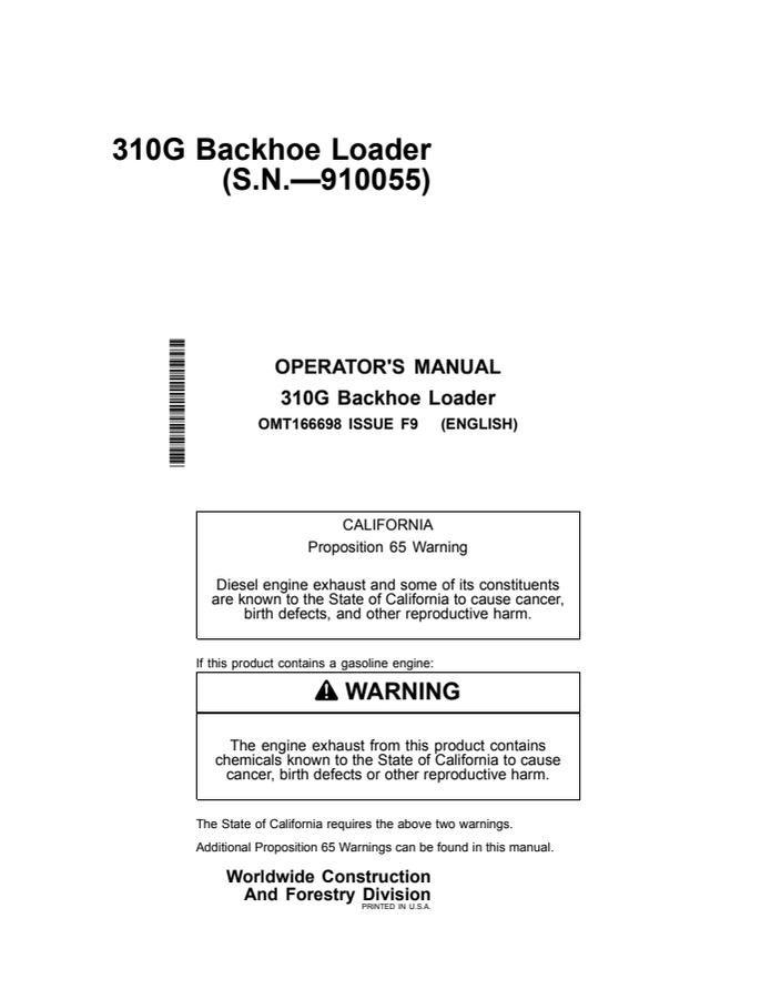 John Deere 310G Backhoe Loader Operator manual — actual manual cover