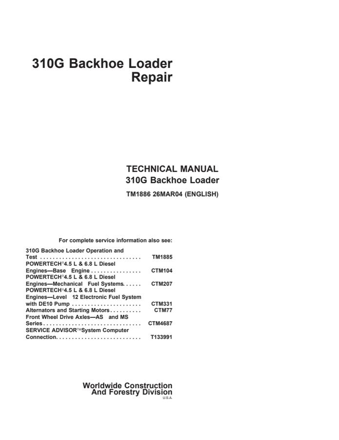 John Deere 310G Backhoe Loader Repair Technical Manual TM1886 — actual manual cover