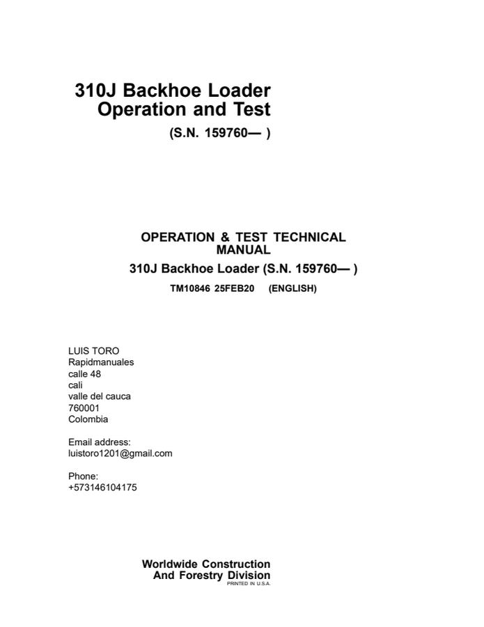 John Deere 310J Backhoe Loader Operation and Test Manual — actual manual cover