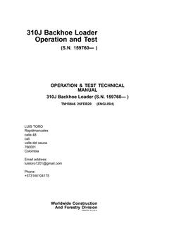 John Deere 310J Backhoe Loader Operation and Test Manual — actual manual cover