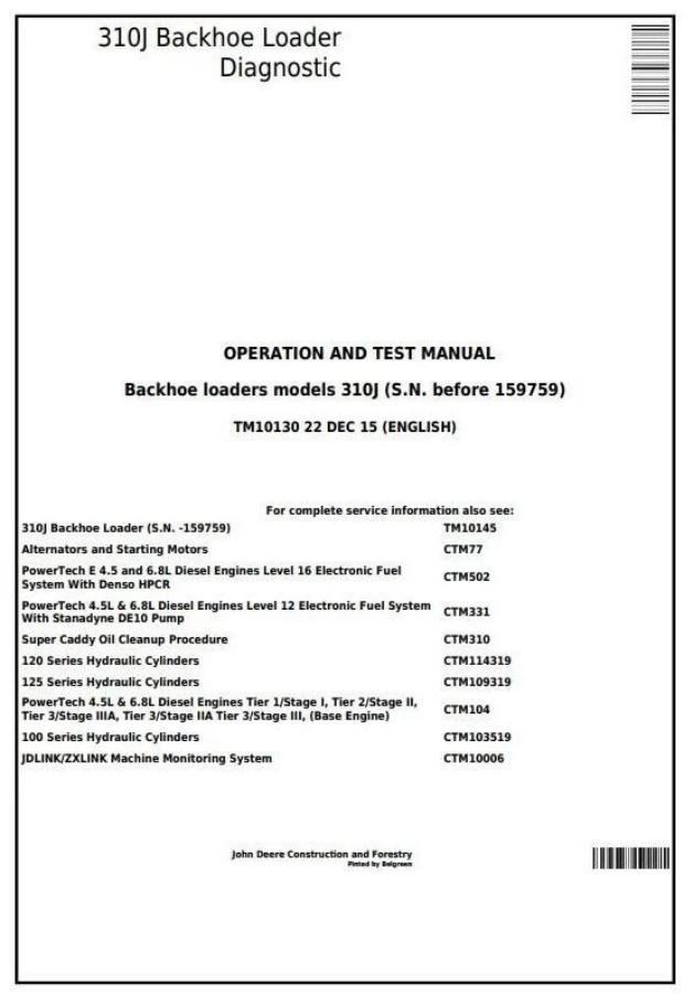 John Deere 310J Backhoe Loader Operation and Test Manual — actual manual cover