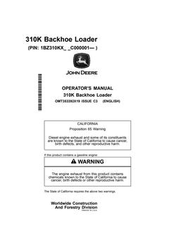 John Deere 310K Backhoe loader Operator manual OMT353392X19 — actual manual cover