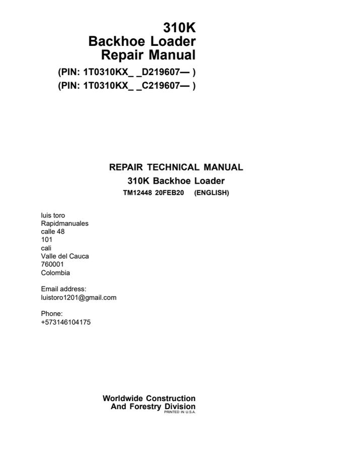 John Deere 310K Backhoe Loader Repair Technical Manual — actual manual cover