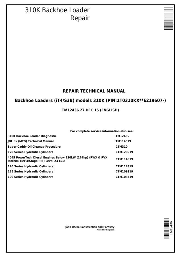 John Deere 310K Backhoe Loader Repair Technical Manual — actual manual cover