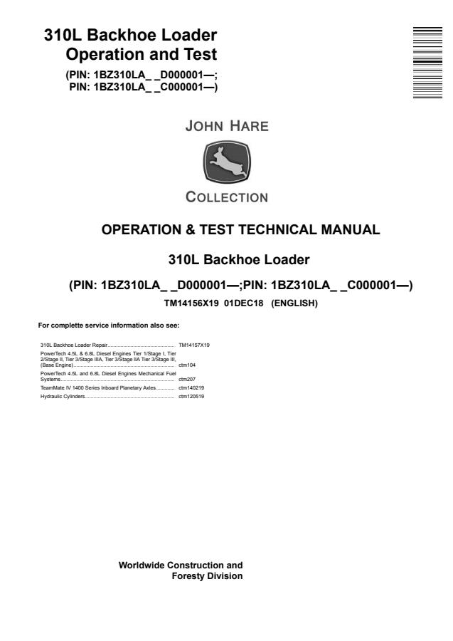 John Deere 310L Backhoe Loader Operation and Test Technical Manual (TM14156X19) — actual manual cover