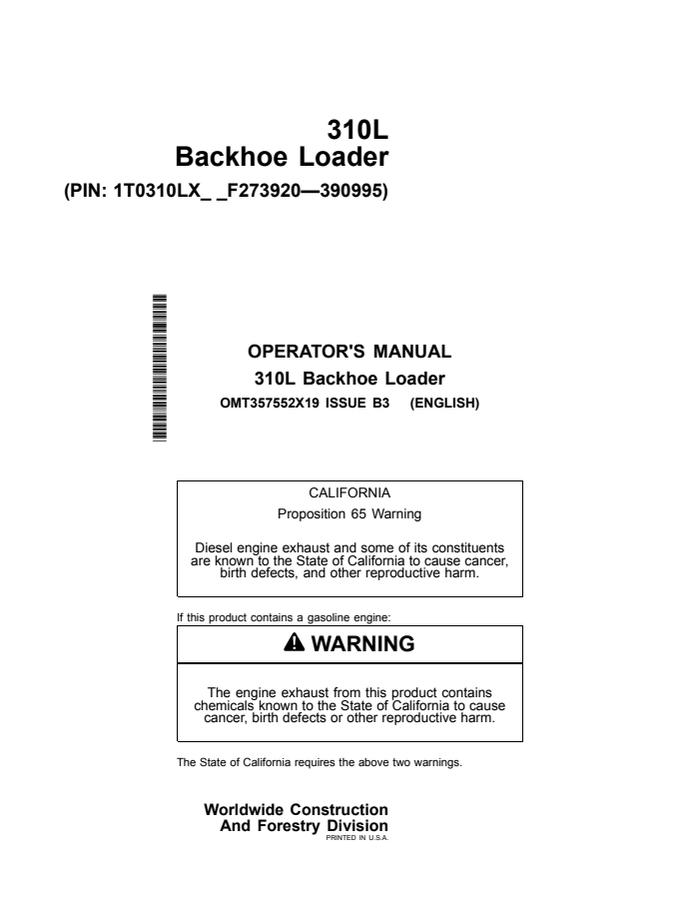 John Deere 310L Backhoe loader Operator manual OMT357552X19 — actual manual cover