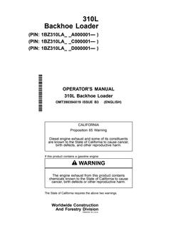 John Deere 310L Backhoe loader Operator manual OMT390394X19 — actual manual cover