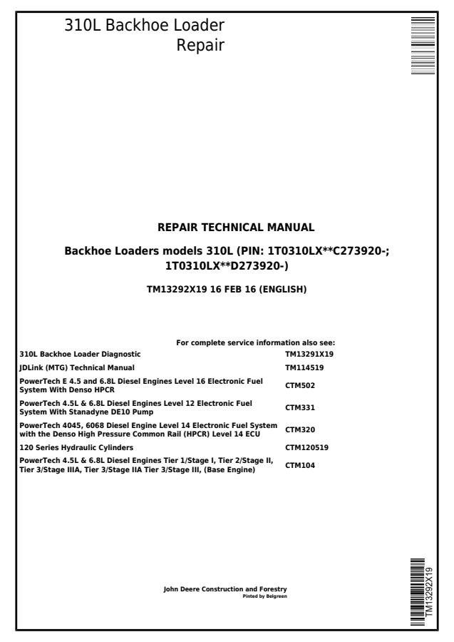 John Deere 310L Backhoe loader Repair technical manual — actual manual cover