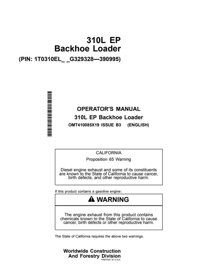 John Deere 310L EP Backhoe loader Operator manual OMT410085X19 — actual manual cover