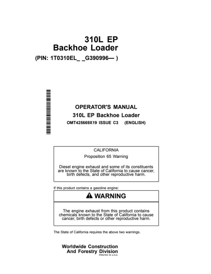 John Deere 310L EP Backhoe loader Operator manual OMT425669X19 — actual manual cover