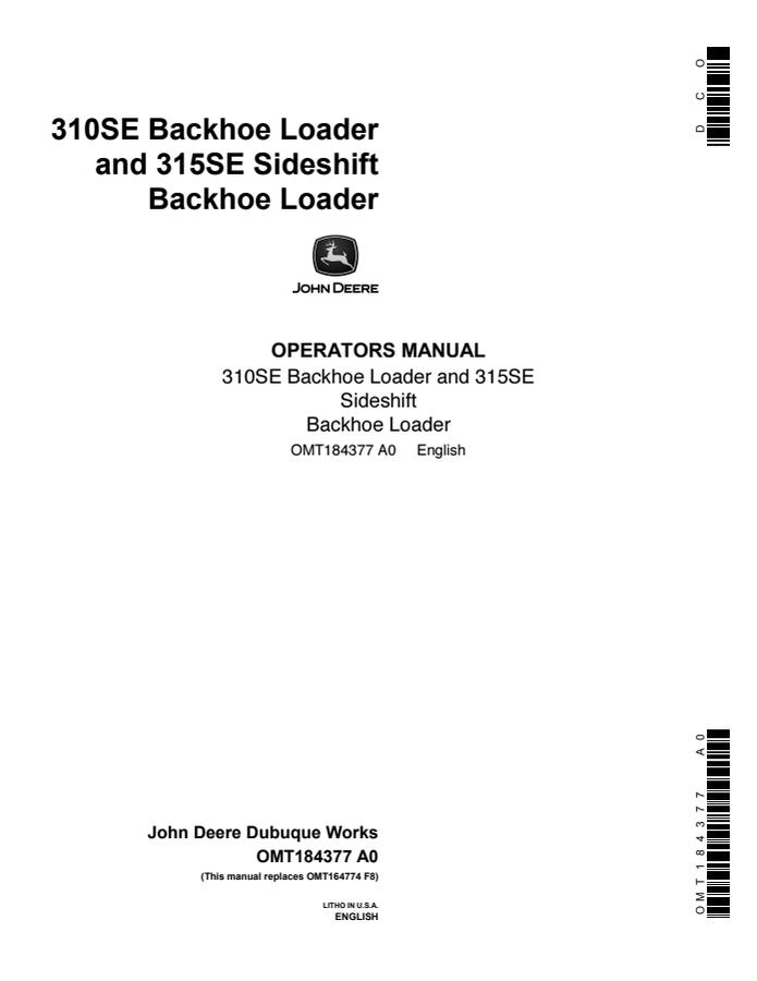 John Deere 310SE Backhoe loader Operator manual OMT184377 — actual manual cover