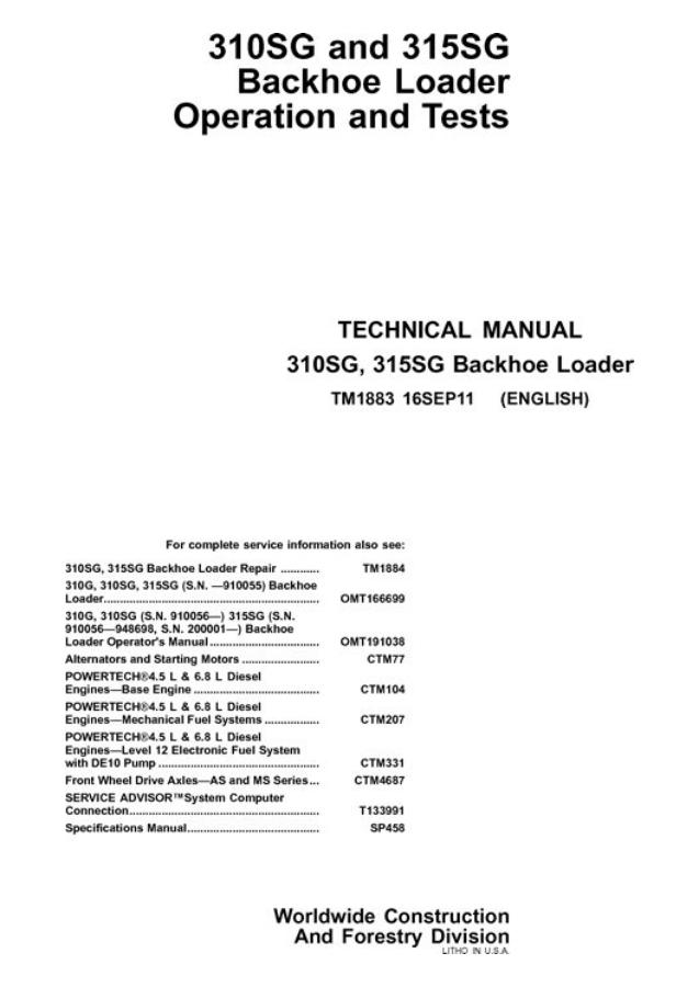 John Deere 310SG, 315SG Backhoe loader Operation and tests manual TM1883 — actual manual cover