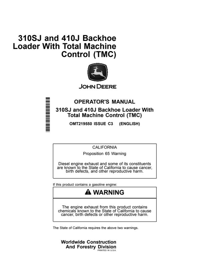 John Deere 310SJ and 410J Backhoe loader Operator manual OMT219550 — actual manual cover