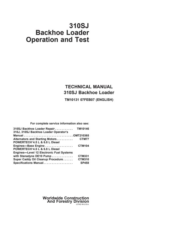 John Deere 310SJ Backhoe loader Operation and test manual TM10131 — actual manual cover
