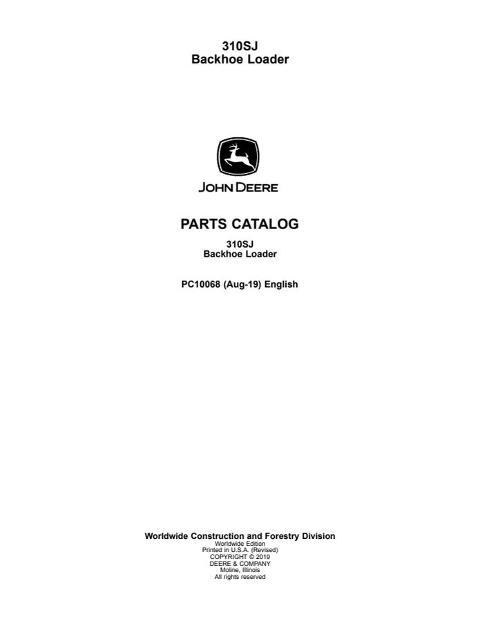 John Deere 310SJ Backhoe loader Parts catalog PC10068 — actual manual cover